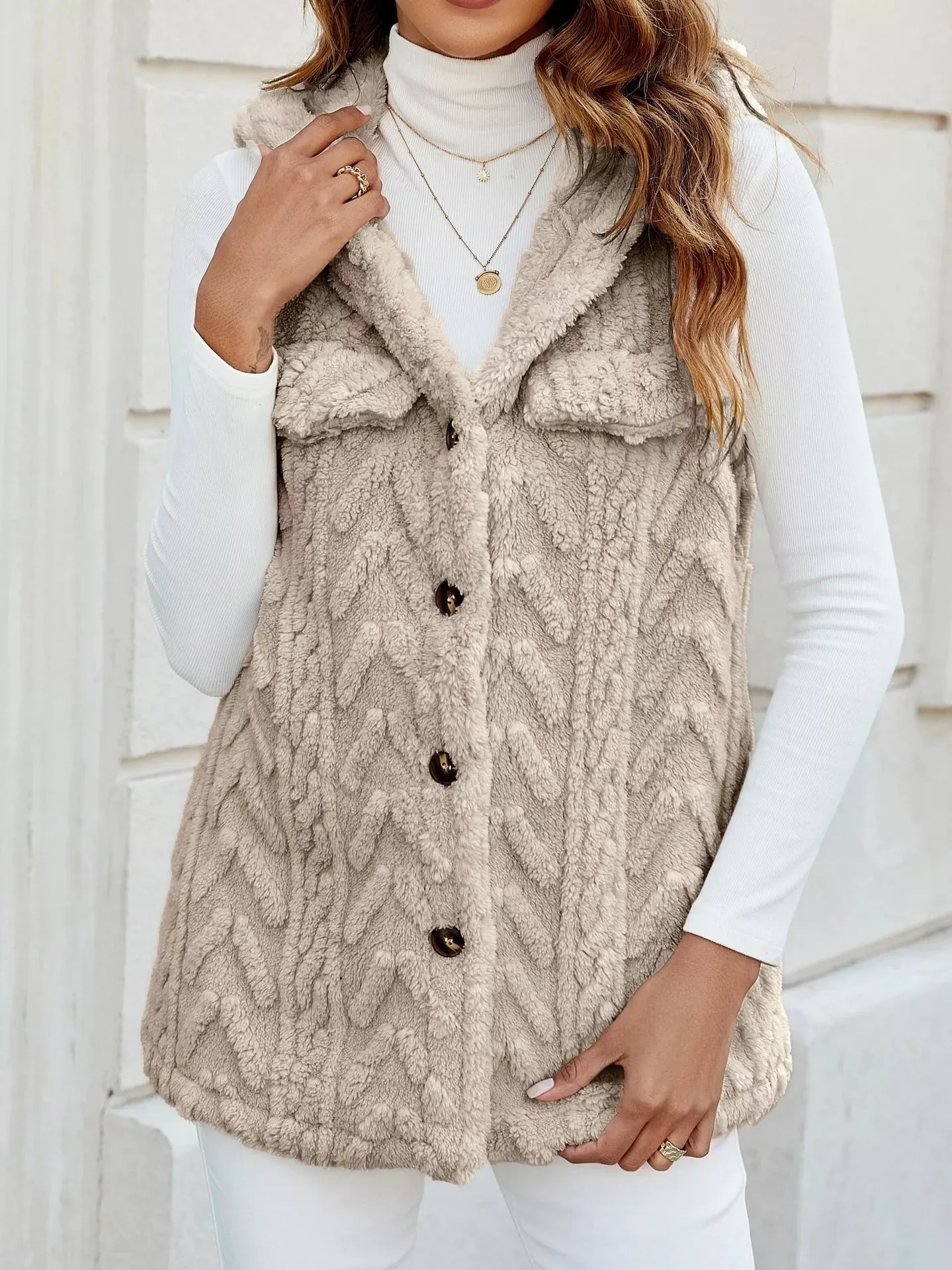 Button-Front Hooded Vest Coat sold by Charming Charlie
