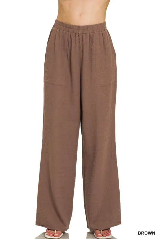 Zenana Double Gauze Elastic Band Pants sold by Charming Charlie
