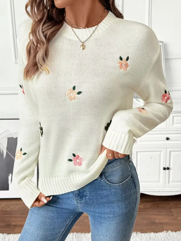Flower Round Neck Long Sleeve Sweater sold by Charming Charlie