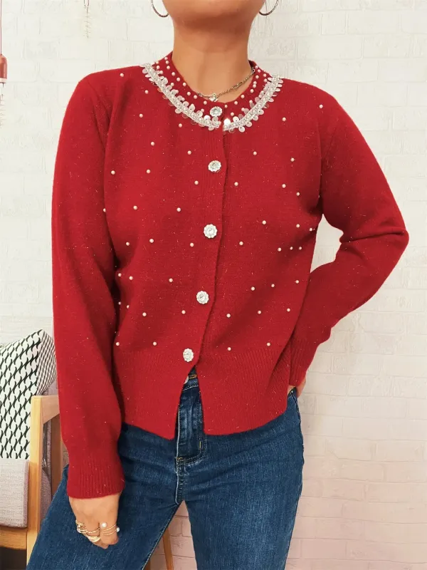 Pearl Detail Button-Front Cardigan sold by Charming Charlie