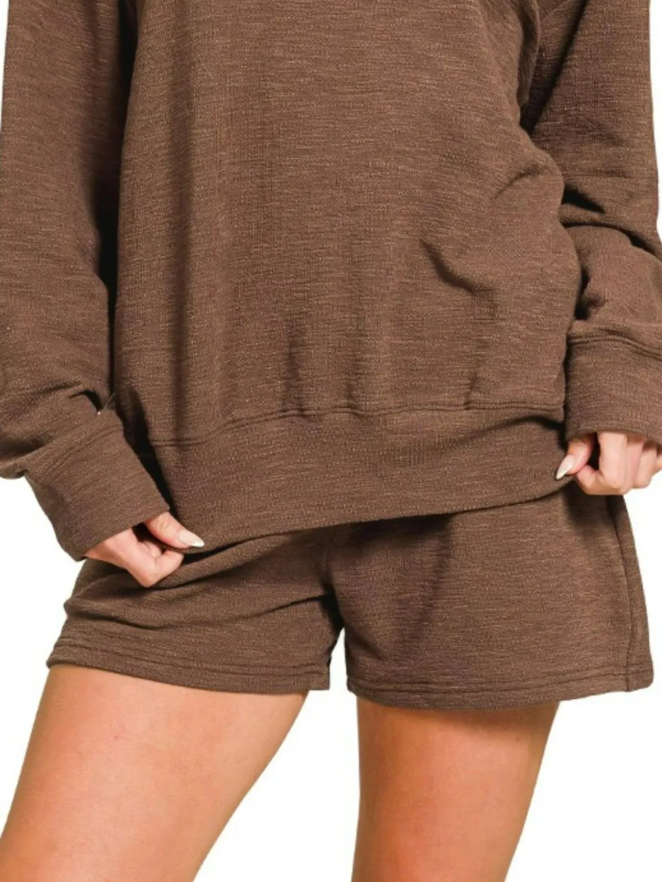 Zenana Slub Long Sleeve Top and Shorts Set sold by Charming Charlie product image thumbnail 2