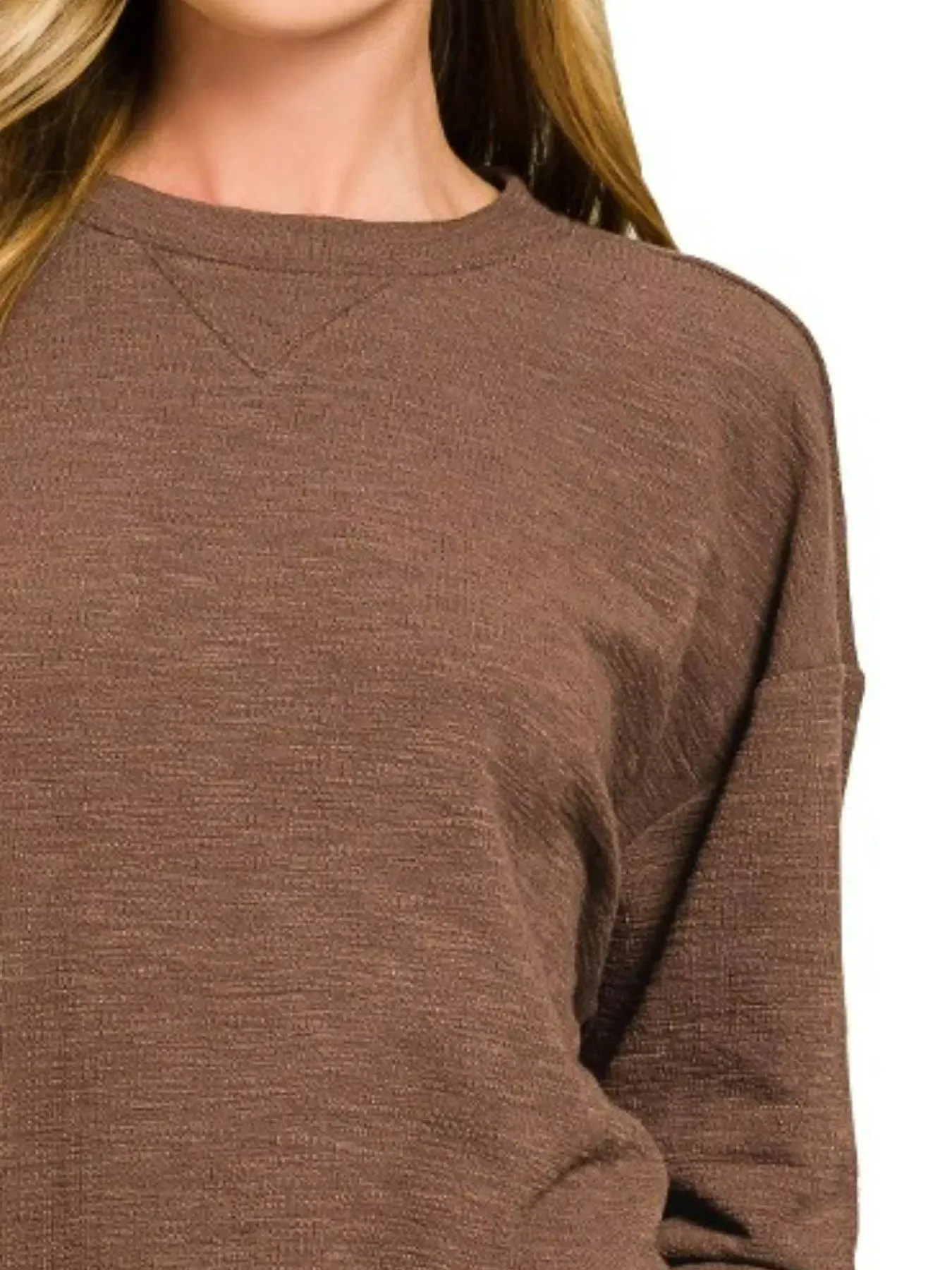 Zenana Slub Long Sleeve Top and Shorts Set sold by Charming Charlie product image thumbnail 3