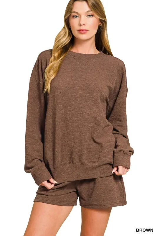 Zenana Slub Long Sleeve Top and Shorts Set sold by Charming Charlie