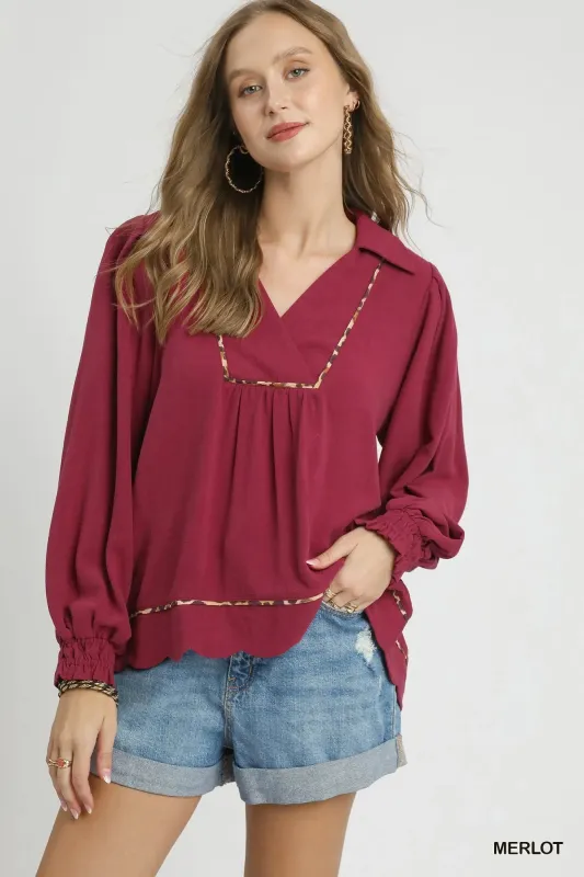 Umgee Full Size Linen Scallop Hem Blouse with Contrast Trim Plus Size sold by Charming Charlie