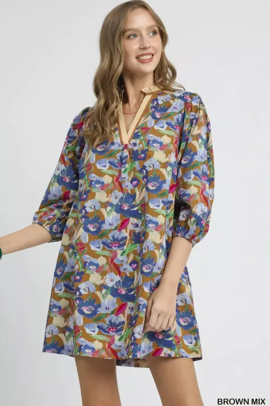 Umgee Boho Floral Balloon Sleeve Mini Dress sold by Charming Charlie