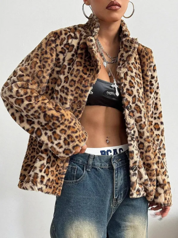 Leopard Button Up Faux Fur Outerwear sold by Charming Charlie