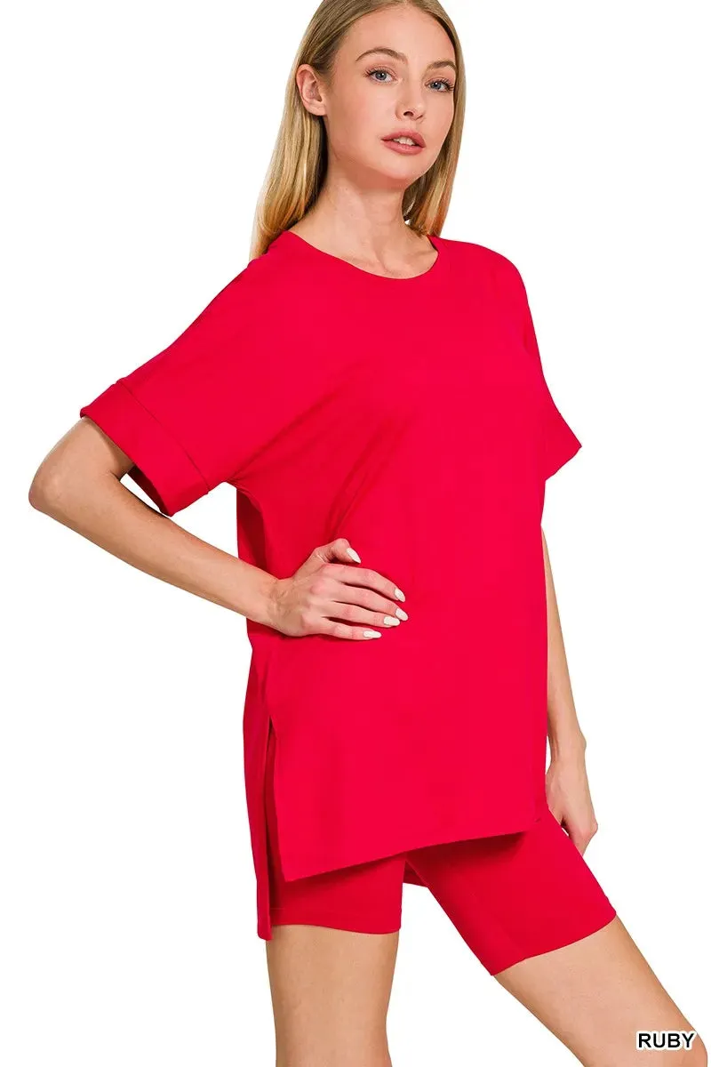 Zenana Full Size Brushed Dty Microfiber Round Neck Top and Biker Shorts Set Plus Size sold by Charming Charlie product image thumbnail 2