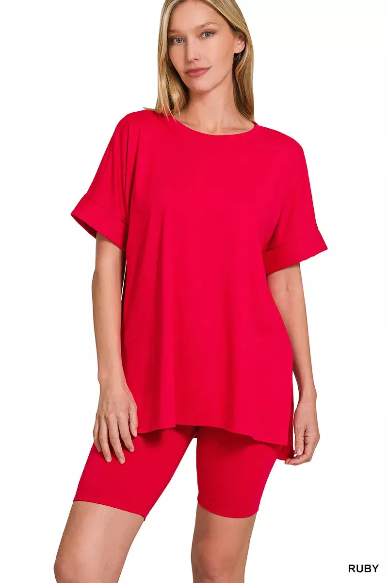 Zenana Full Size Brushed Dty Microfiber Round Neck Top and Biker Shorts Set Plus Size sold by Charming Charlie product image thumbnail 3