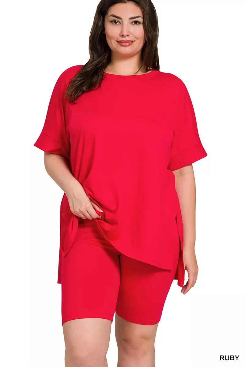 Zenana Full Size Brushed Dty Microfiber Round Neck Top and Biker Shorts Set Plus Size sold by Charming Charlie product image thumbnail 4