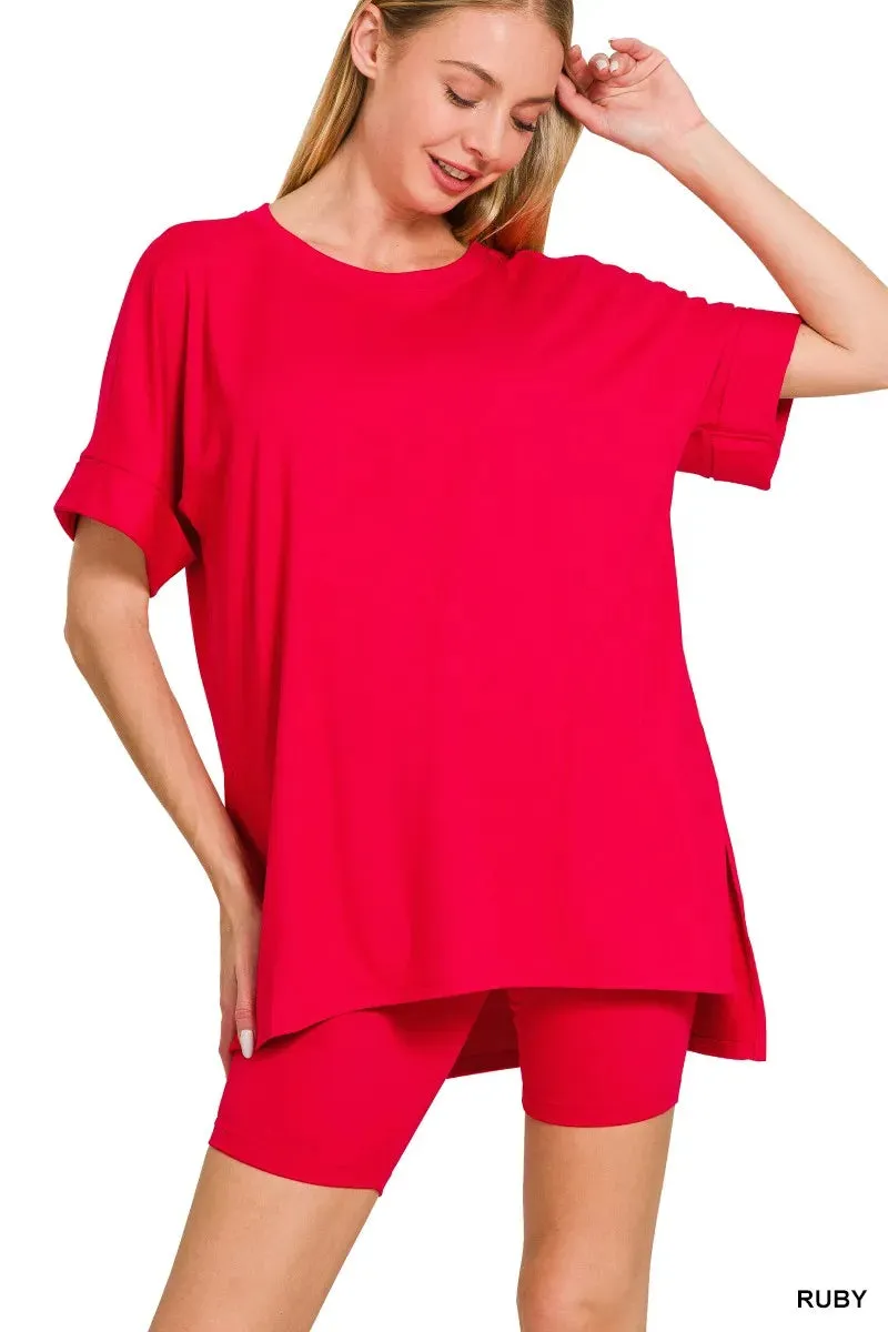 Zenana Full Size Brushed Dty Microfiber Round Neck Top and Biker Shorts Set Plus Size sold by Charming Charlie