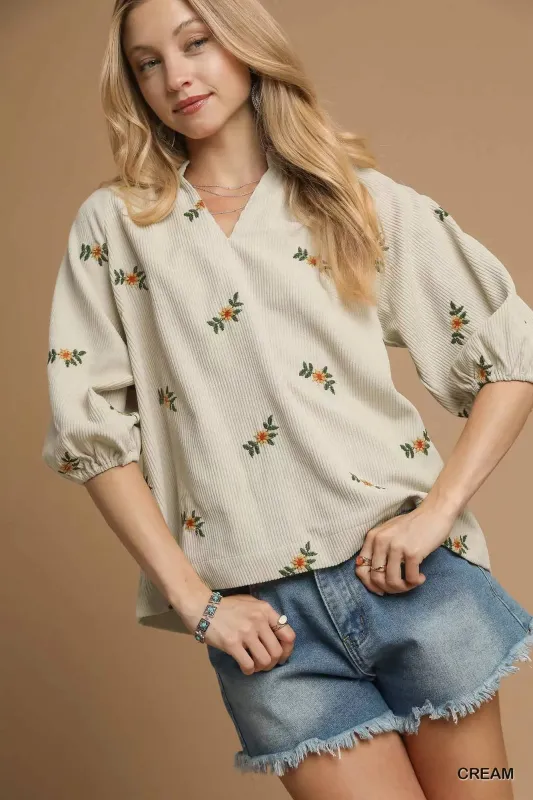 Umgee Corduroy Floral Embroidered Puff Sleeve Blouse sold by Charming Charlie