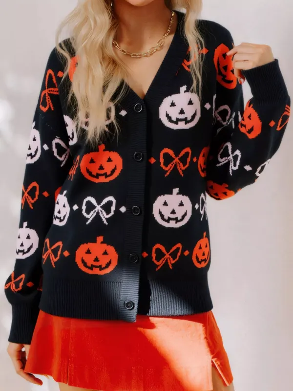 Halloween Pumpkin Pattern Button-Up Cardigan sold by Charming Charlie