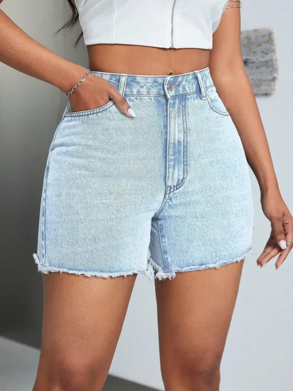 High-Waisted Raw Hem Denim Shorts sold by Charming Charlie