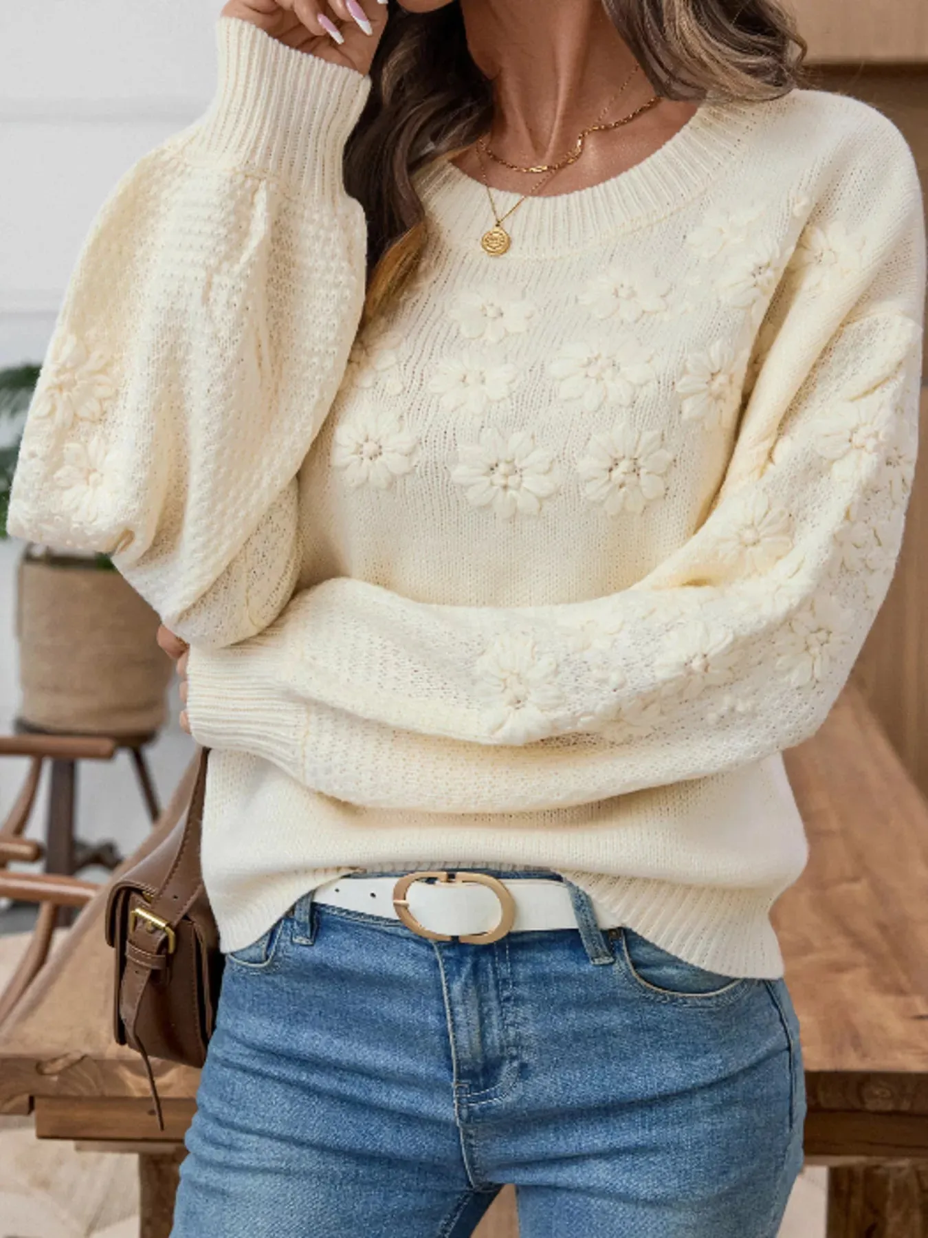 Flower Round Neck Long Sleeve Sweater sold by Charming Charlie product image thumbnail 5