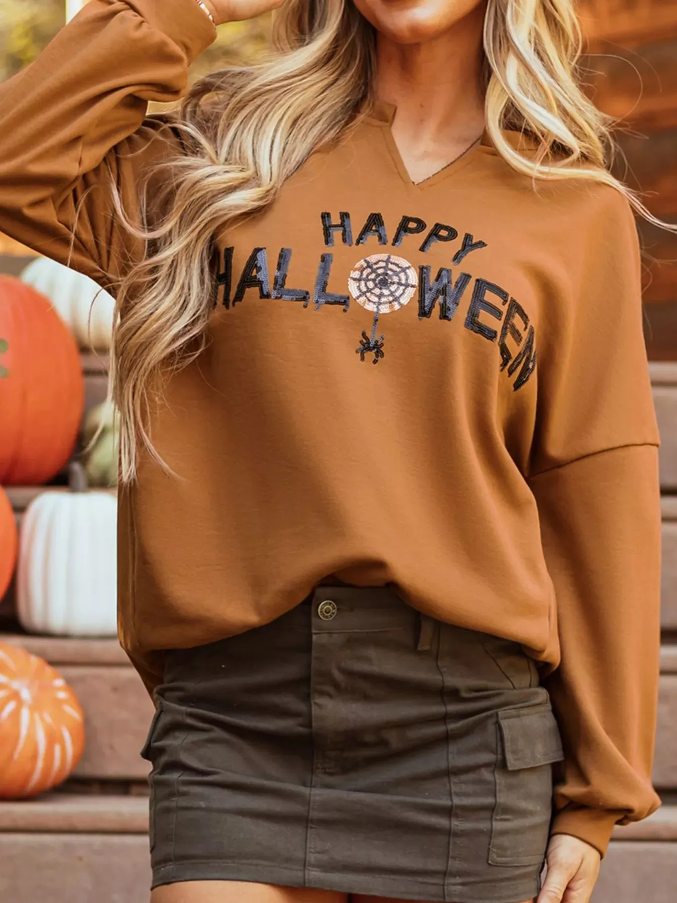 Happy Halloween Graphic Notched Long Sleeve Loose Top sold by Charming Charlie product image thumbnail 5