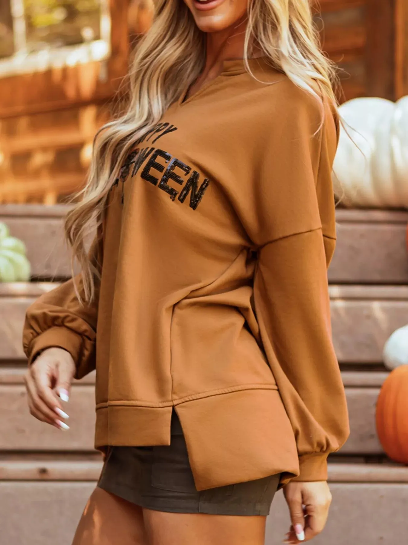 Happy Halloween Graphic Notched Long Sleeve Loose Top sold by Charming Charlie product image thumbnail 3