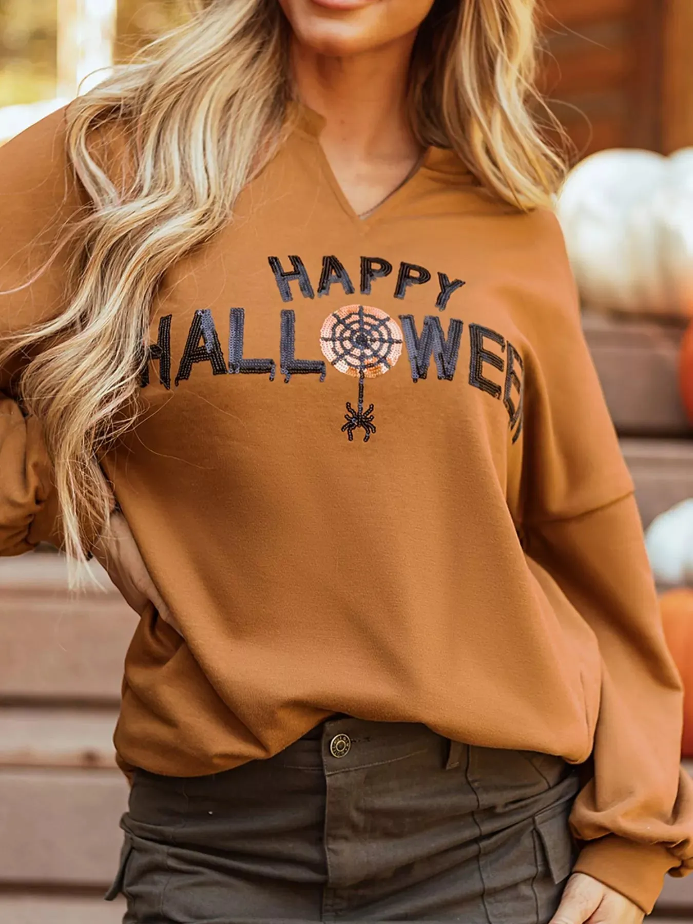 Happy Halloween Graphic Notched Long Sleeve Loose Top sold by Charming Charlie product image thumbnail 4