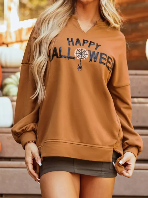 Happy Halloween Graphic Notched Long Sleeve Loose Top sold by Charming Charlie
