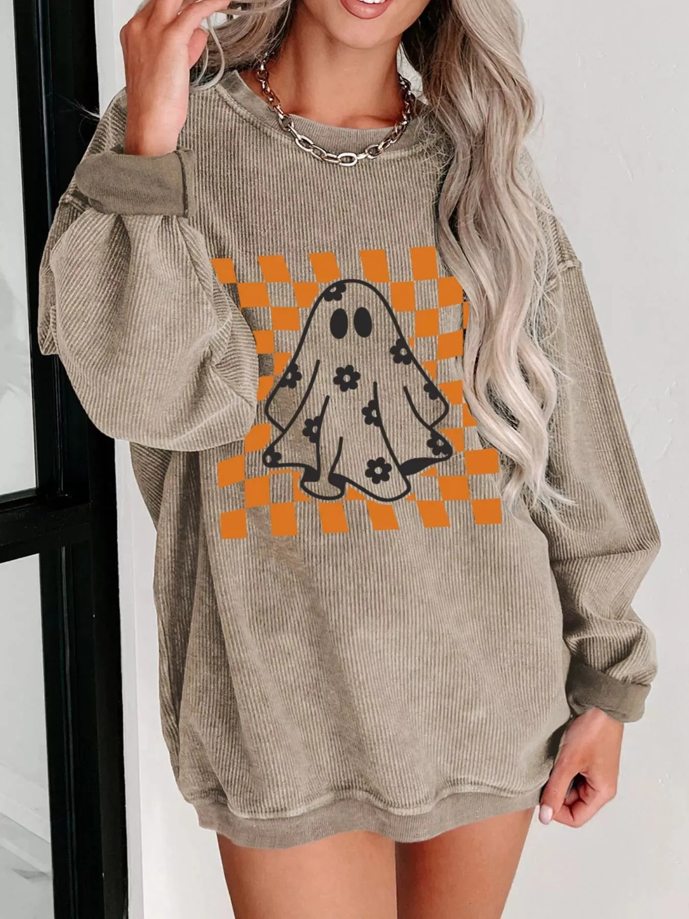 Halloween Checkerboard Floral Ghost Graphic Corded Sweatshirt sold by Charming Charlie product image thumbnail 2