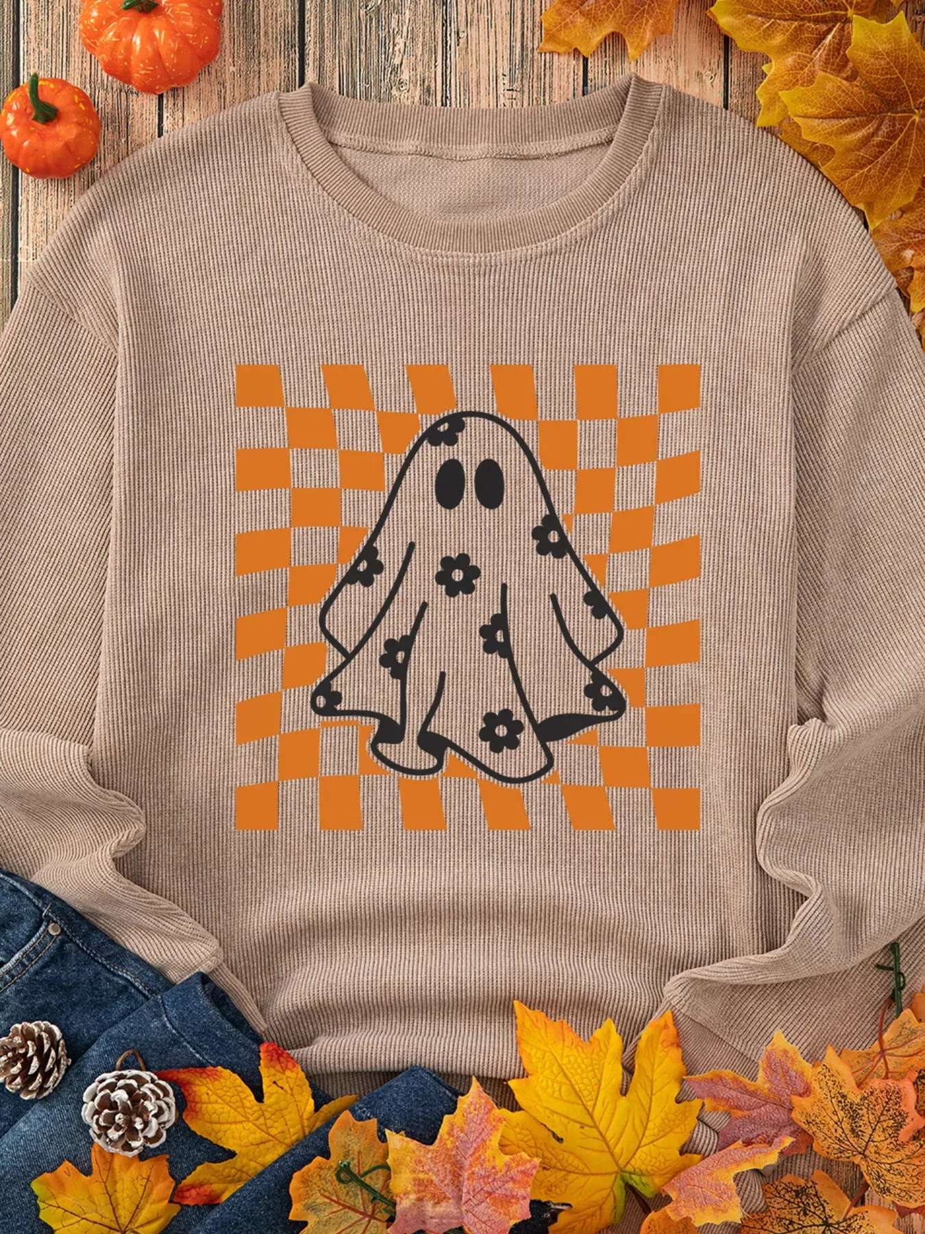 Halloween Checkerboard Floral Ghost Graphic Corded Sweatshirt sold by Charming Charlie product image thumbnail 4