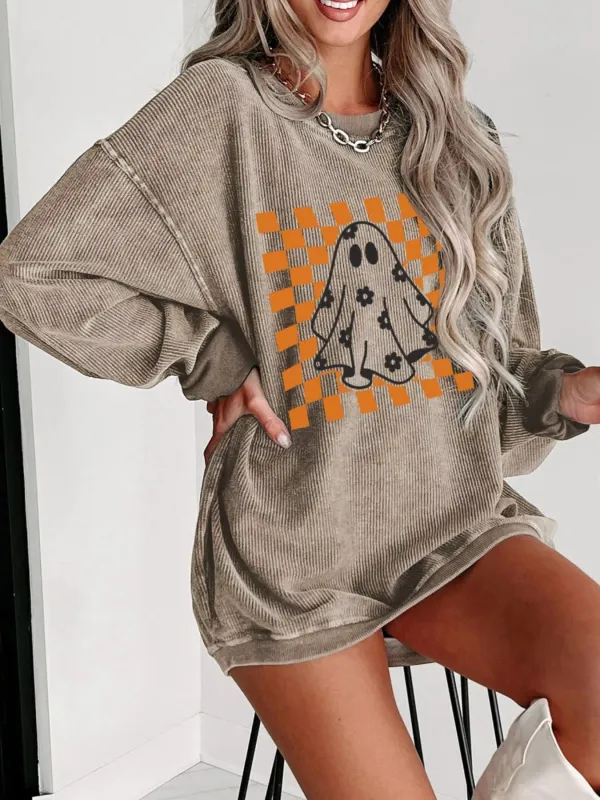 Halloween Checkerboard Floral Ghost Graphic Corded Sweatshirt sold by Charming Charlie