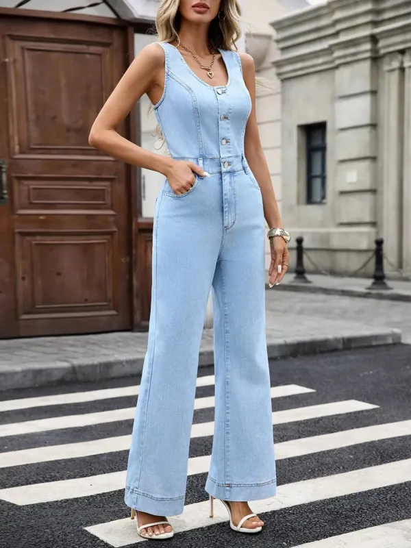 Wide Leg Sleeveless Denim Jumpsuit with Button Front sold by Charming Charlie