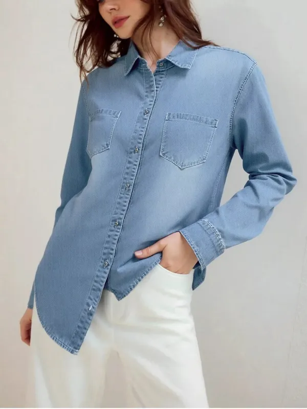 Full Size Button-Up Long Sleeve Denim Shirt Plus Size sold by Charming Charlie