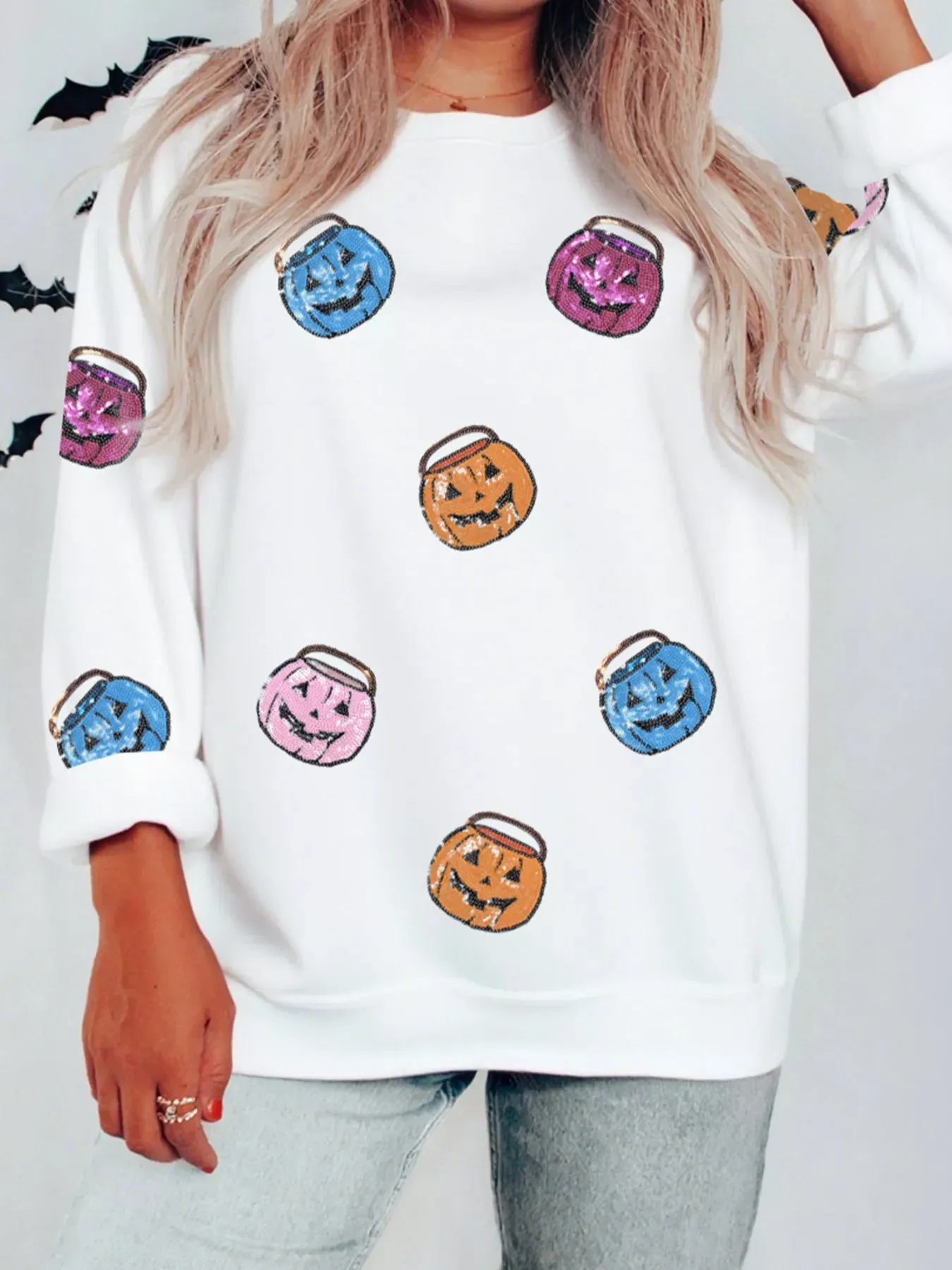 Halloween Pumpkin Lantern Sequin Patched Sweatshirt sold by Charming Charlie product image thumbnail 3