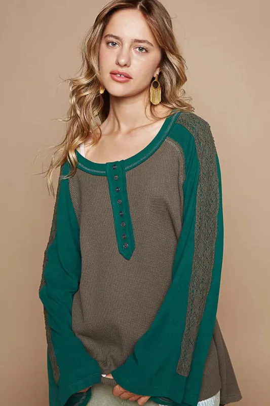 POL Scoop Neck Contrast Long Sleeve Top with Lace Detail sold by Charming Charlie