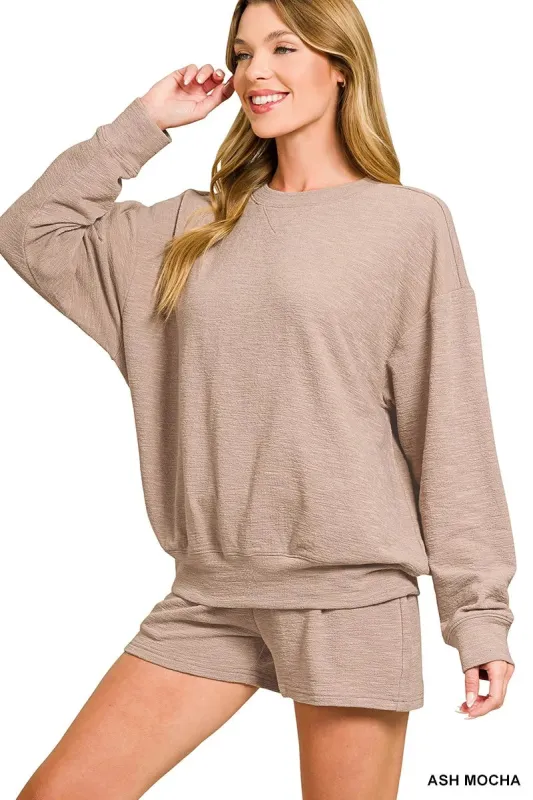 Zenana Slub Long Sleeve Top and Shorts Set sold by Charming Charlie