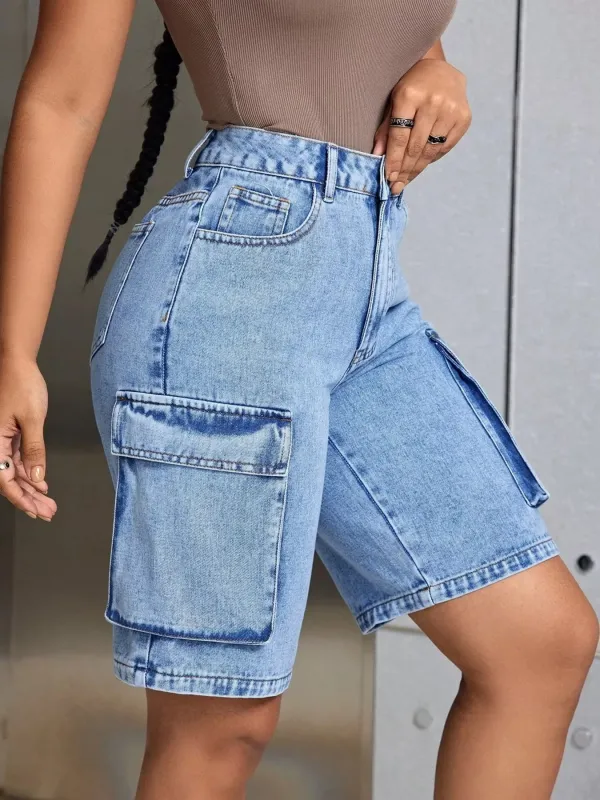 High-Waisted Cargo Denim Shorts sold by Charming Charlie