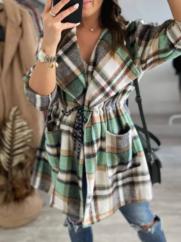 Oversized Drawstring Plaid Button Front Shirt sold by Charming Charlie