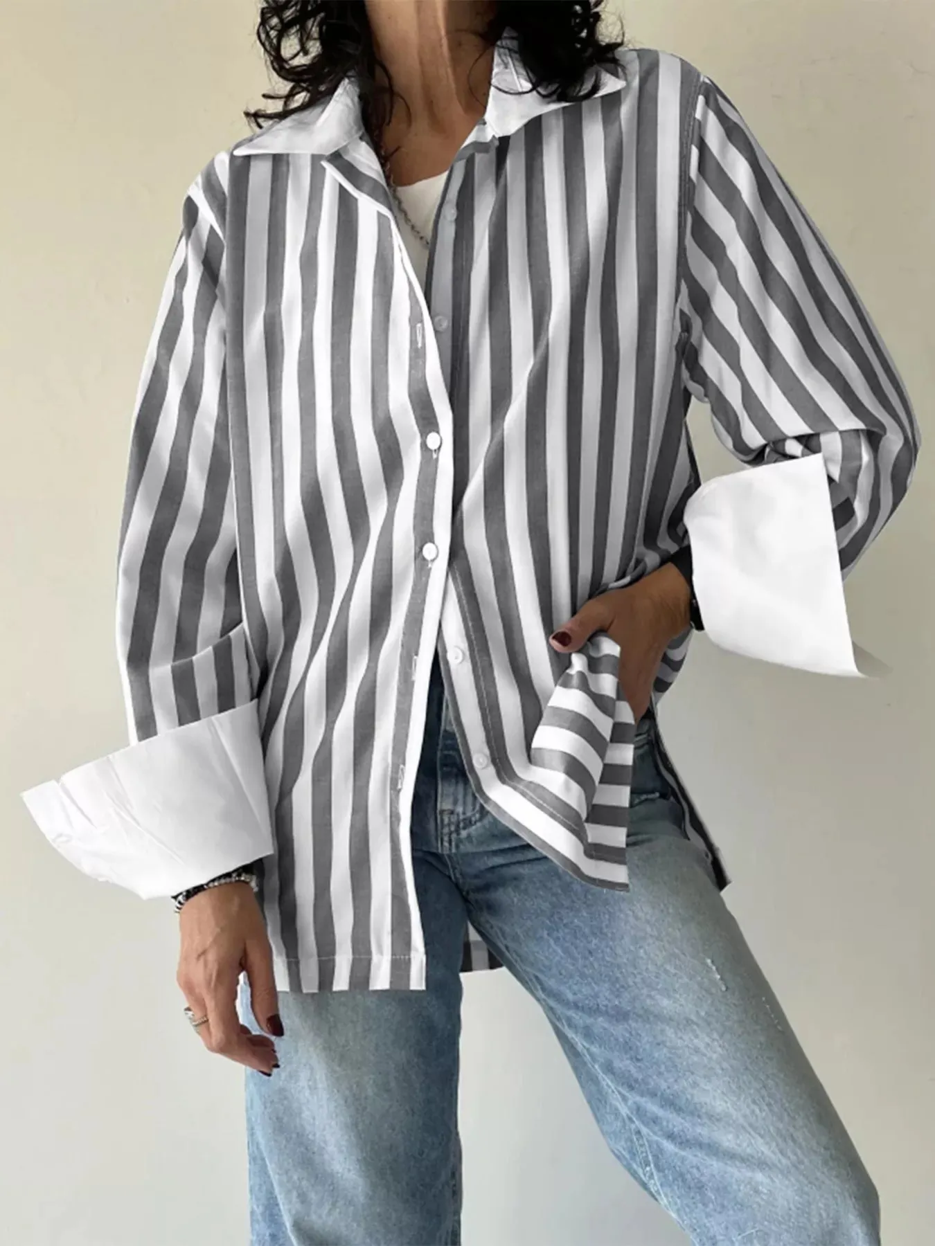 Striped Oversized Button-Up Shirt sold by Charming Charlie product image thumbnail 5