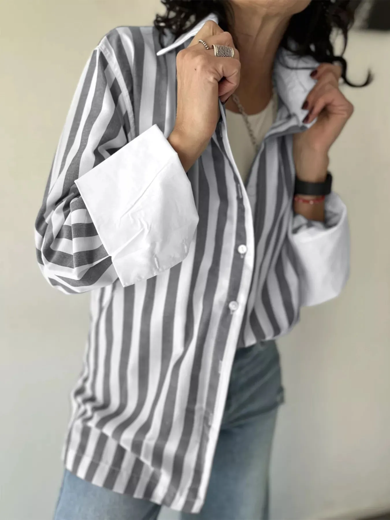 Striped Oversized Button-Up Shirt sold by Charming Charlie product image thumbnail 2