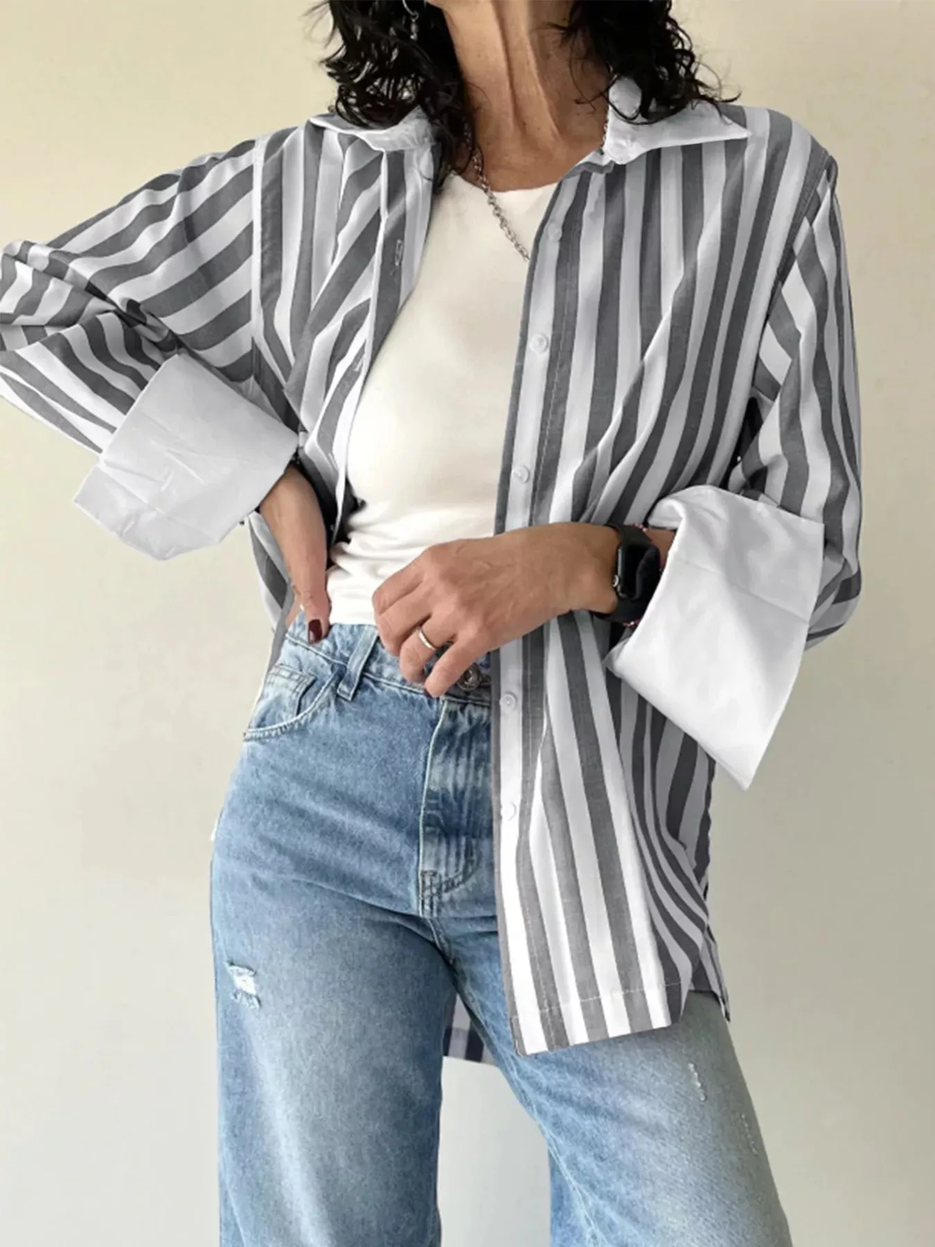 Striped Oversized Button-Up Shirt sold by Charming Charlie product image thumbnail 3
