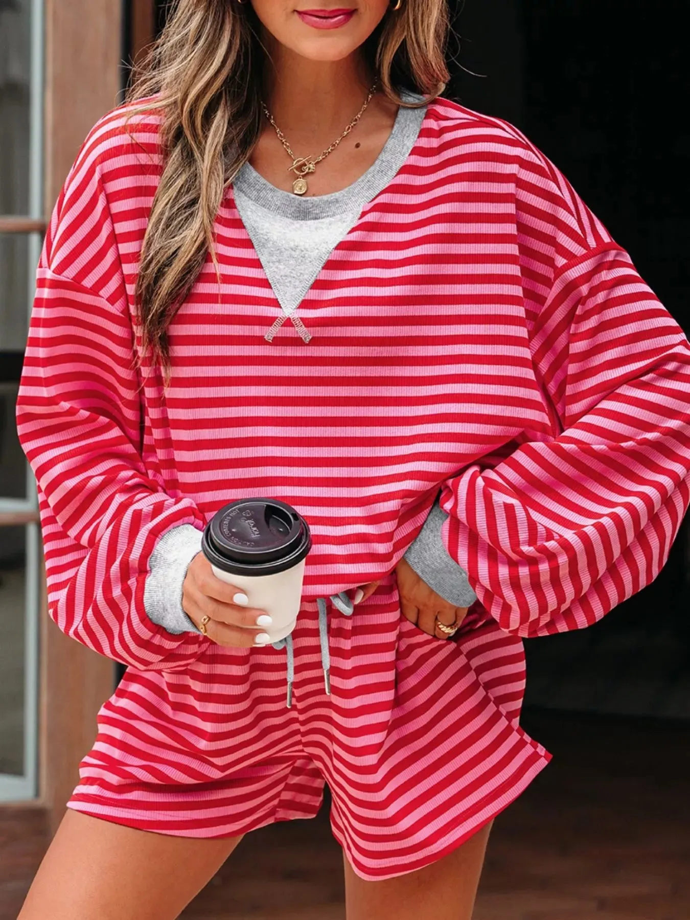 Stripe Drop Shoulder Baggy Top and Shorts Casual Set sold by Charming Charlie product image thumbnail 4