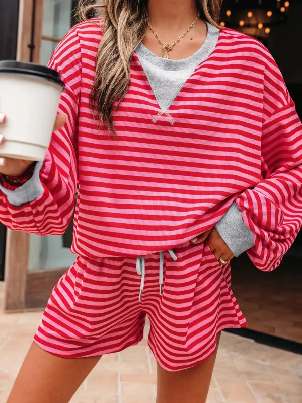 Stripe Drop Shoulder Baggy Top and Shorts Casual Set made by Charming Charlie