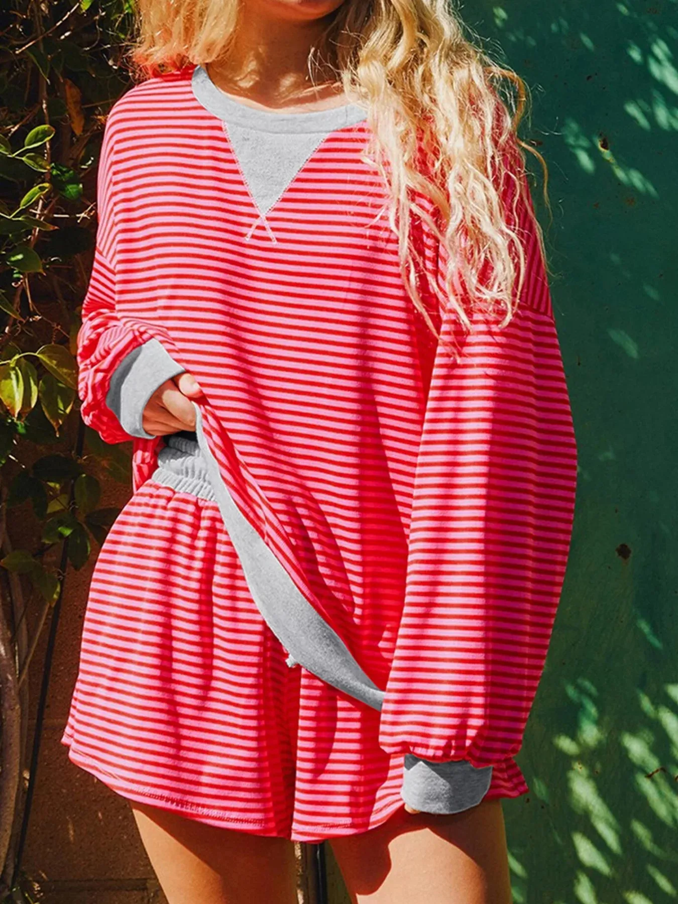 Stripe Drop Shoulder Baggy Top and Shorts Casual Set sold by Charming Charlie product image thumbnail 5