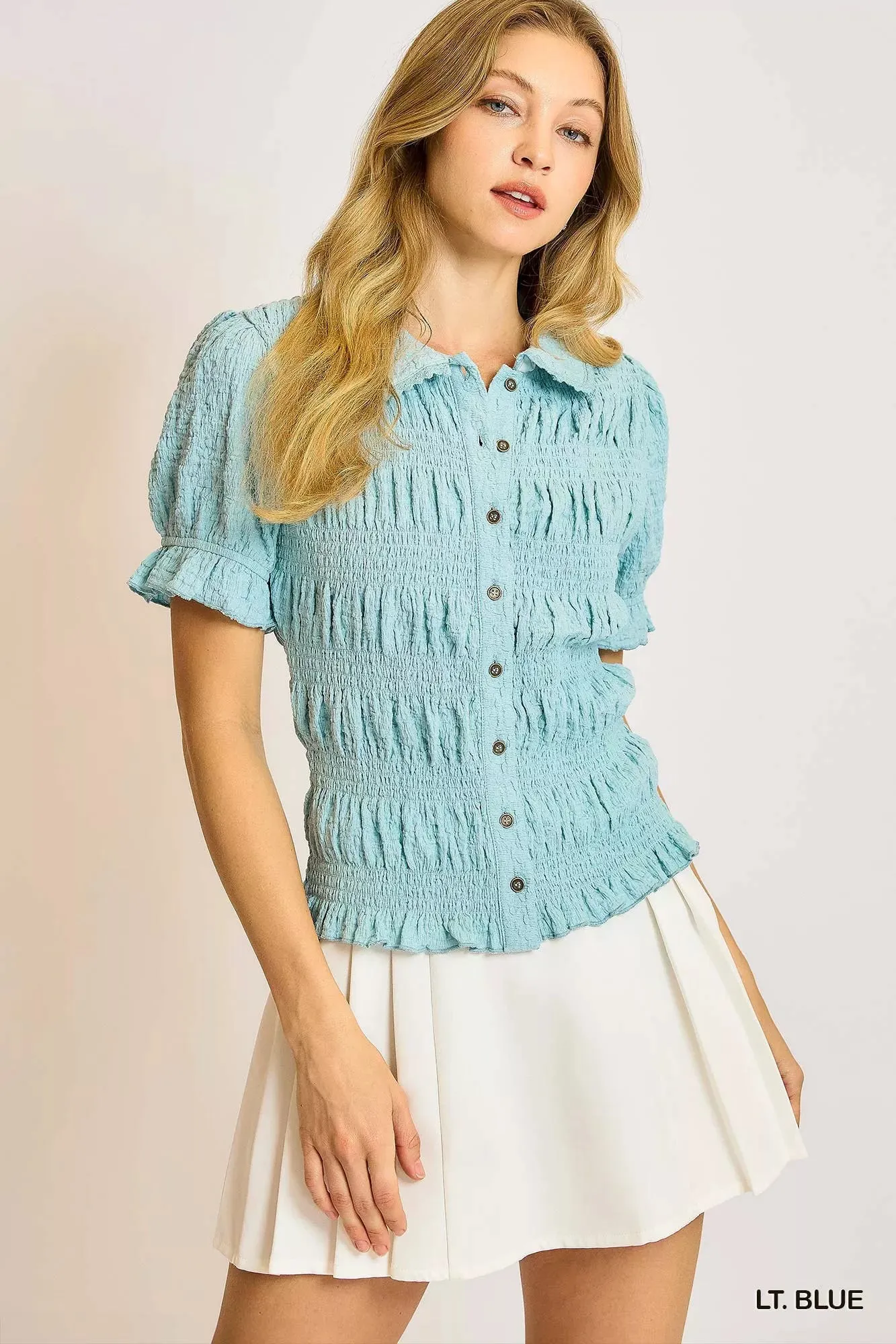 Umgee Smocked Short Sleeve Button-Front Shirt with Peter Pan Collar sold by Charming Charlie