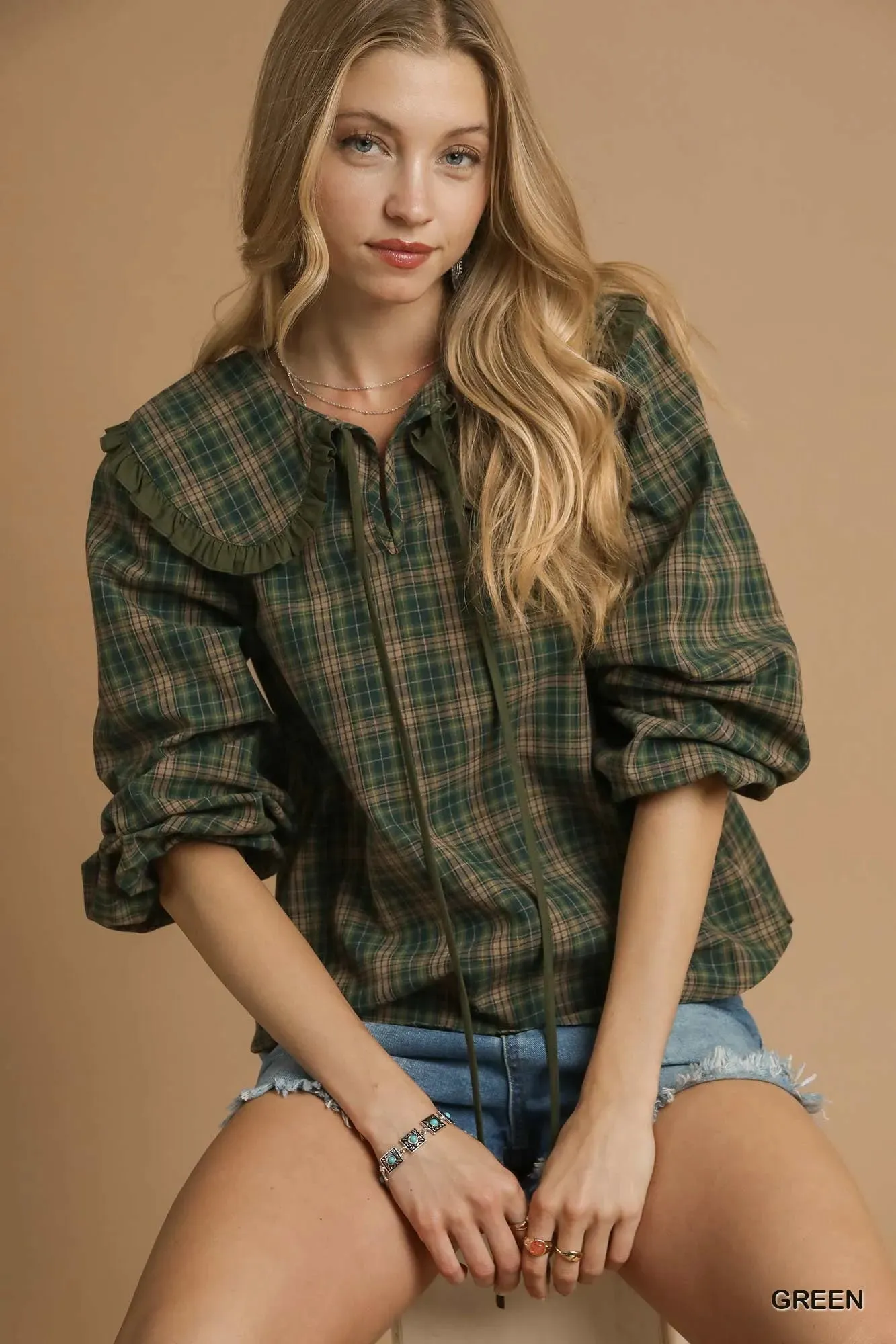 Umgee Full Size Plaid Ruffle Collar Blouse Plus Size sold by Charming Charlie