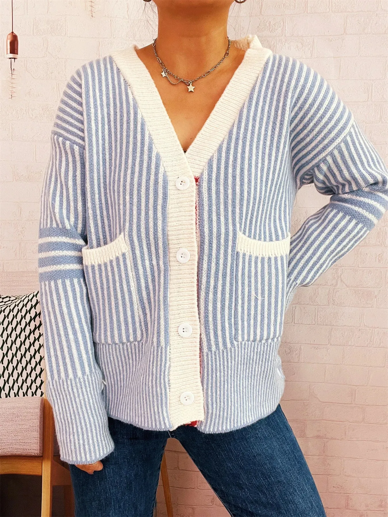 Striped Button-Front Cardigan with Contrast Trim sold by Charming Charlie product image thumbnail 5