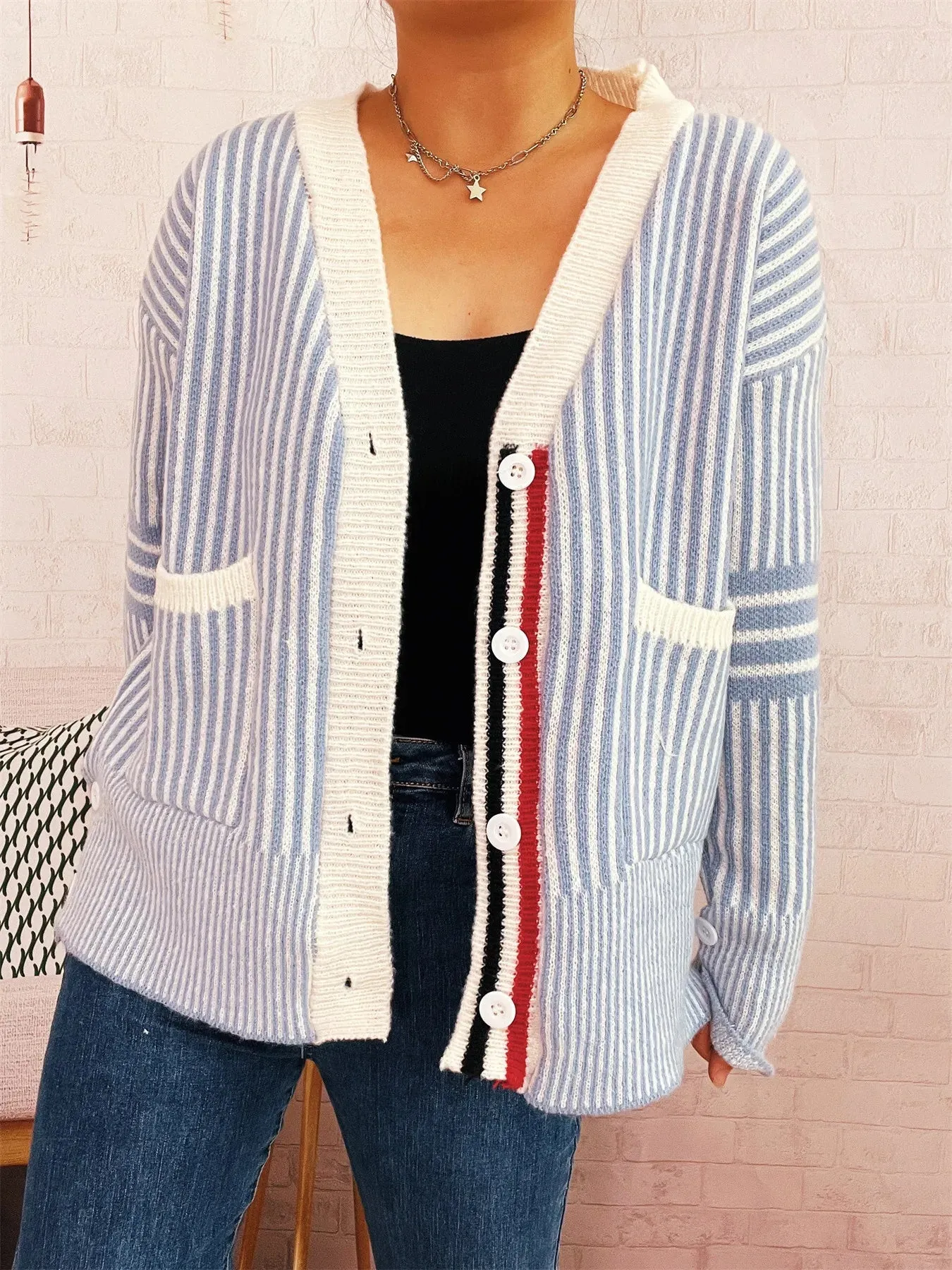 Striped Button-Front Cardigan with Contrast Trim sold by Charming Charlie product image thumbnail 3