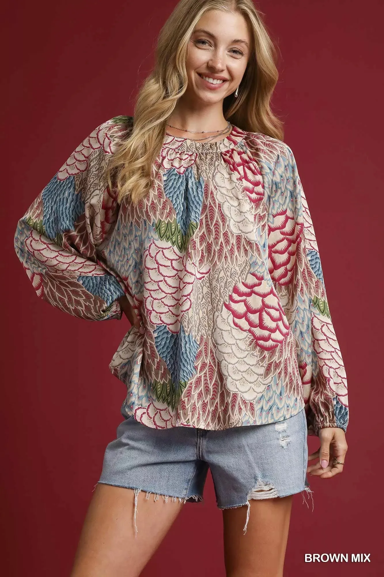 Umgee Boho Feather Print Peasant Blouse sold by Charming Charlie