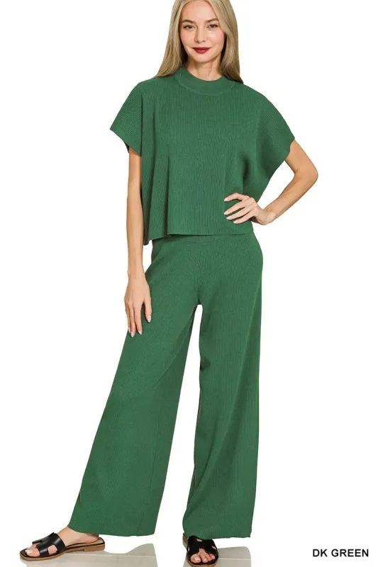 Zenana Viscose Sweater Short Sleeve Top and Pants Set sold by Charming Charlie