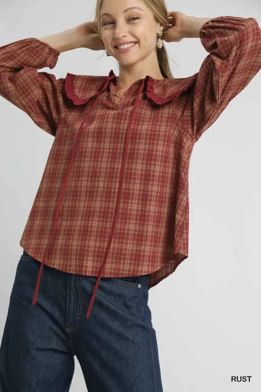 Umgee Full Size Plaid Ruffle Collar Blouse Plus Size sold by Charming Charlie