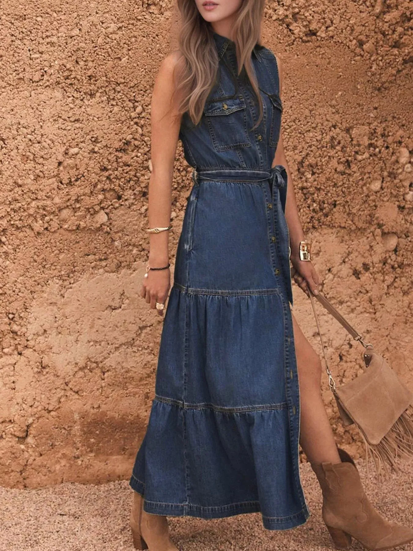 Button Front Sleeveless Denim Dress sold by Charming Charlie product image thumbnail 4