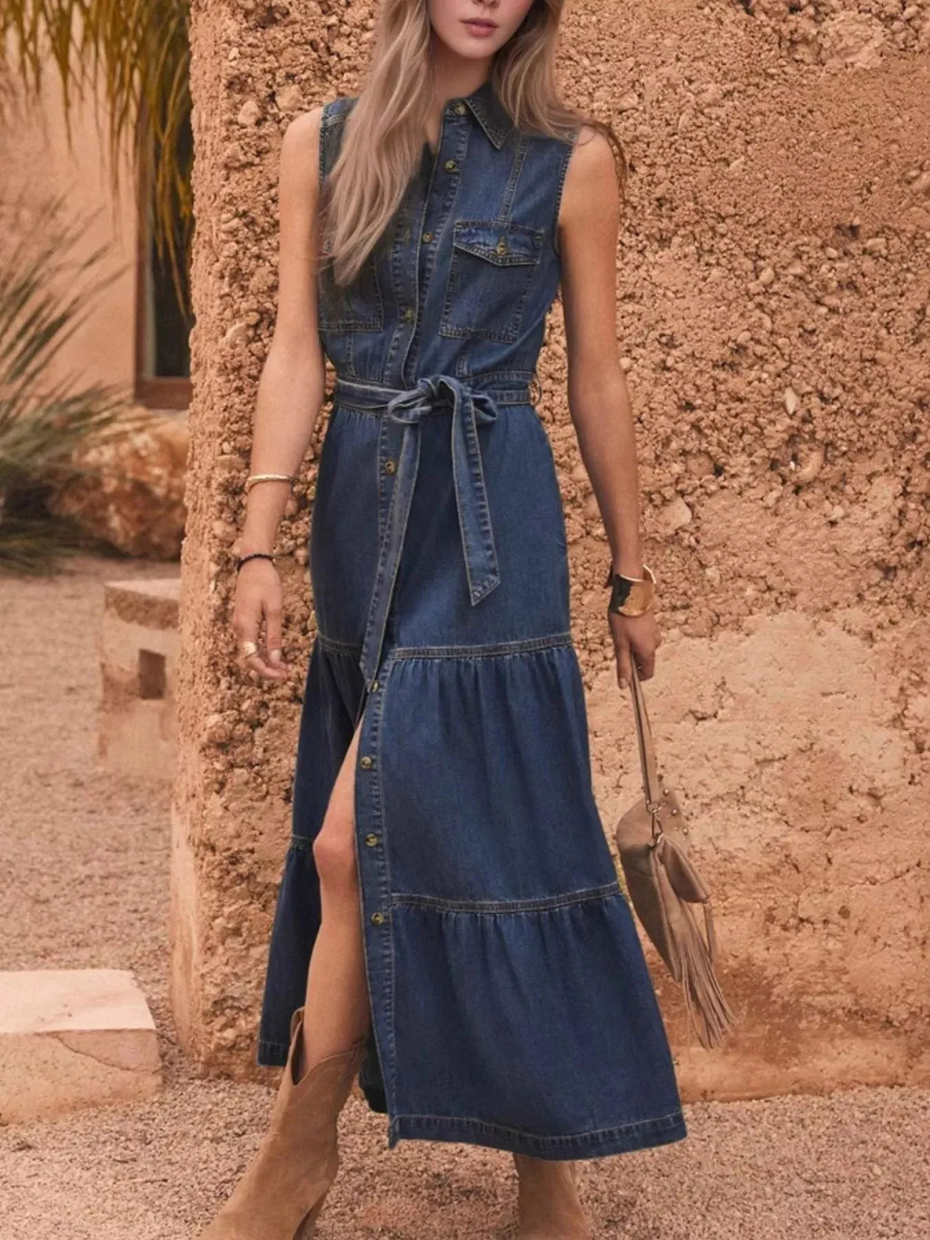 Button Front Sleeveless Denim Dress sold by Charming Charlie product image thumbnail 2