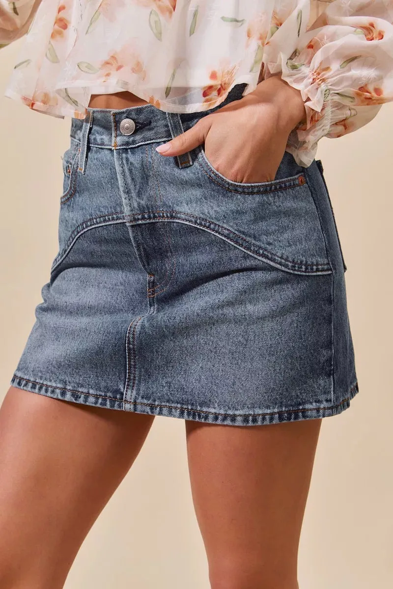 SO ME Washed Denim Mini Skirt with Pockets sold by Charming Charlie product image thumbnail 3