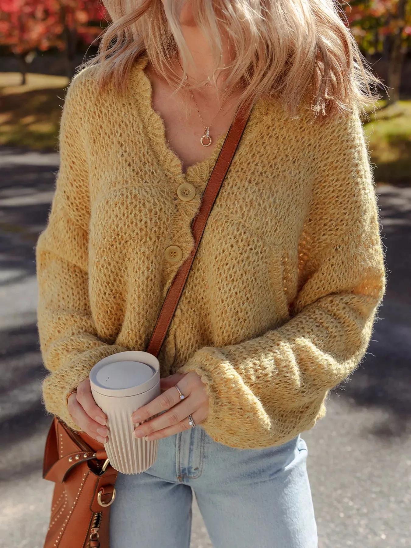 Lantern Sleeve Scallop V Neck Buttoned Front Cardigan sold by Charming Charlie product image thumbnail 5