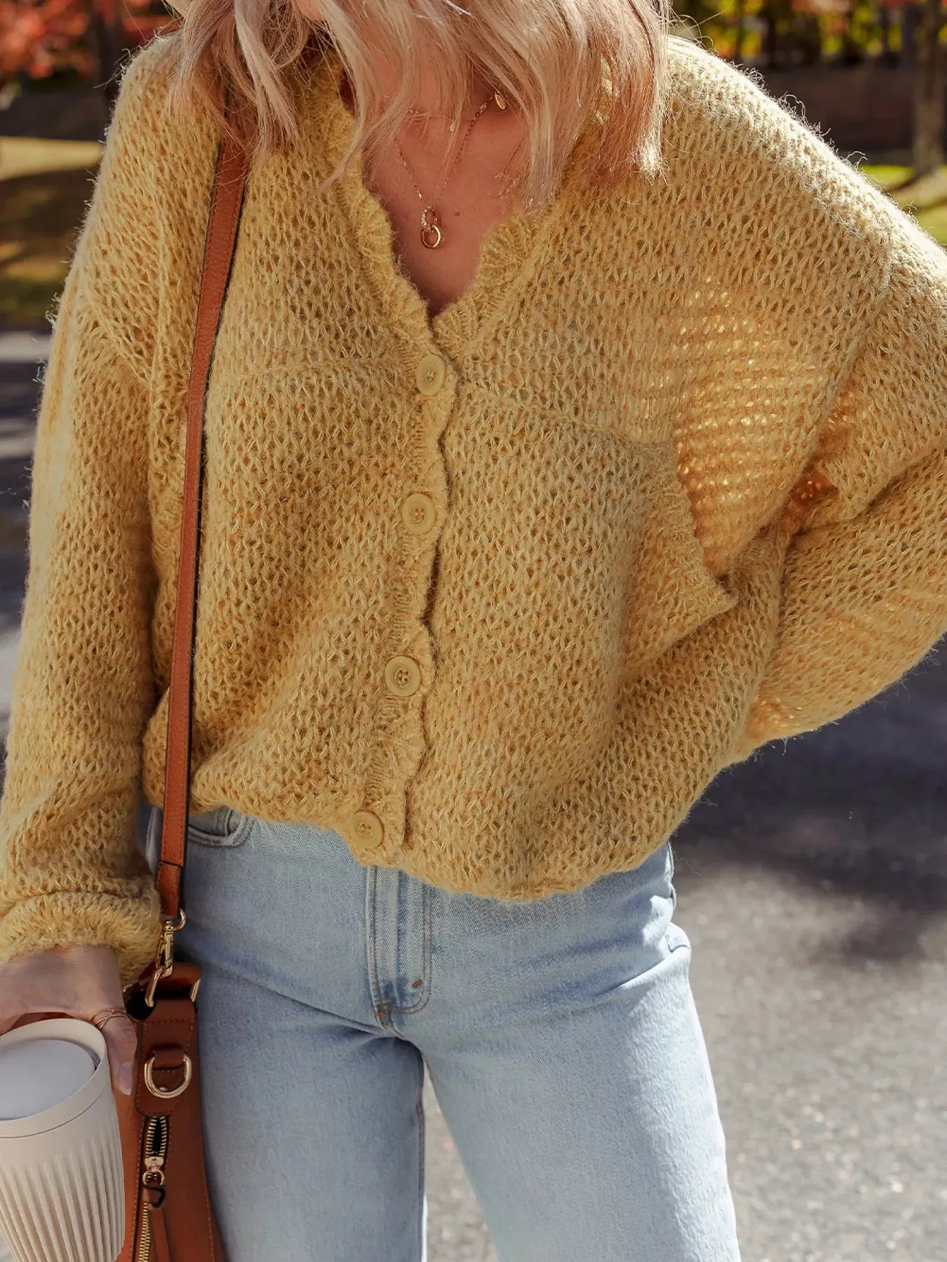 Lantern Sleeve Scallop V Neck Buttoned Front Cardigan sold by Charming Charlie product image thumbnail 4